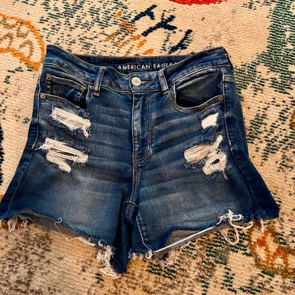 American Eagle Outfitters Women's Ripped Jean Shorts - Dark Blue